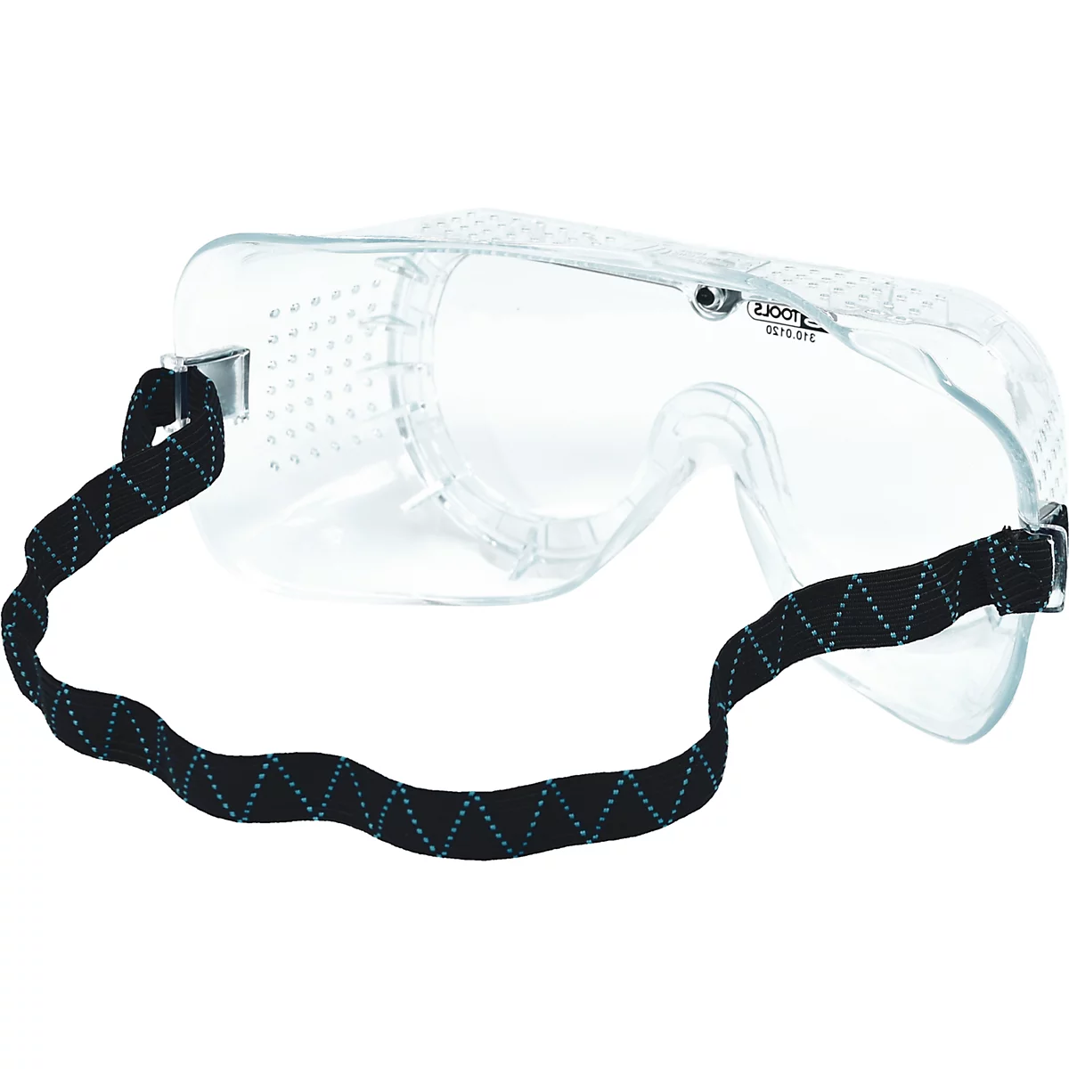 Klare Schutzbrille mit schwarzem Kopfband. Die Brille ist transparent, mit Perforationen und Textaufdruck.